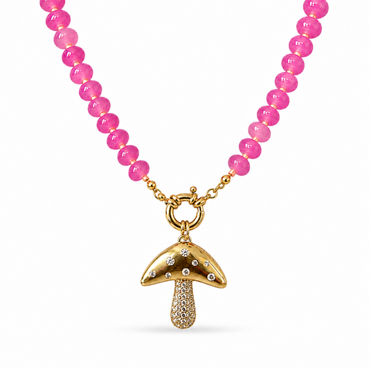 Pink Necklace + Mushroom Charm